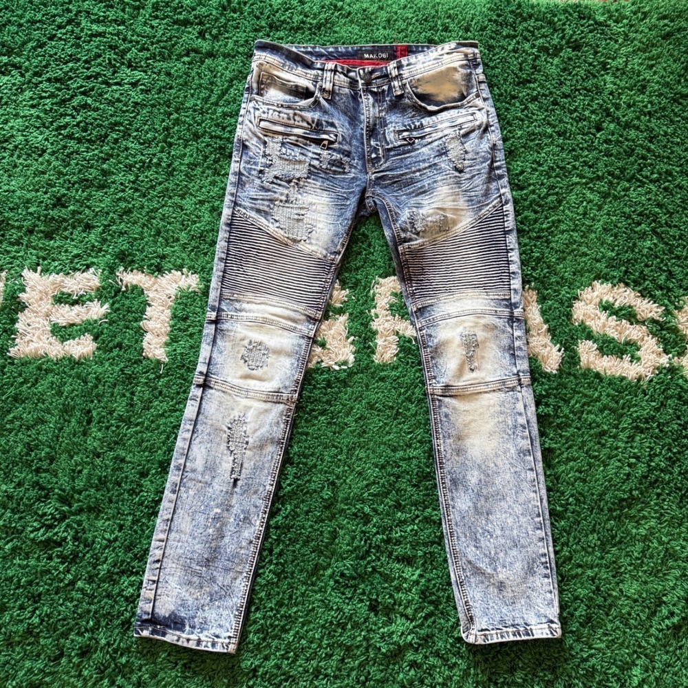 Makobi Biker Jeans Mens 32x32 Blue Excellent Acid Wash Distressed Moto Slim Fit